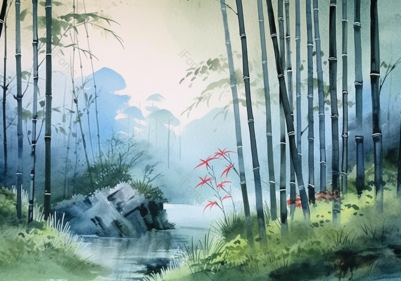 手绘国风意境竹子竹林石块山水风景文艺彩色插画,插画/手绘图,插画/手绘图库,插画/手绘图下载,插画/手绘